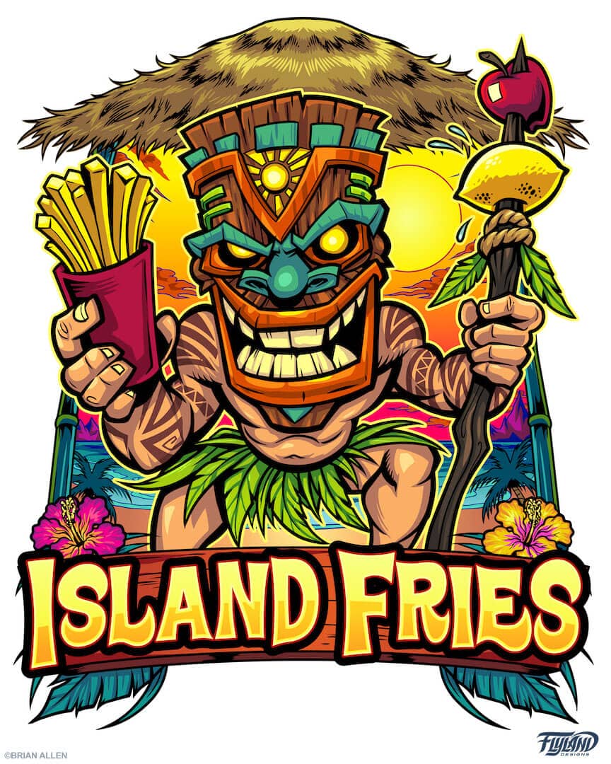 Logo design of a tiki character at the beach holding fries designed by Brian Allen Flyland Designs