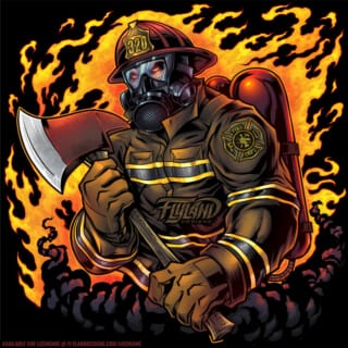 Firefighter with ax and oxgen ma