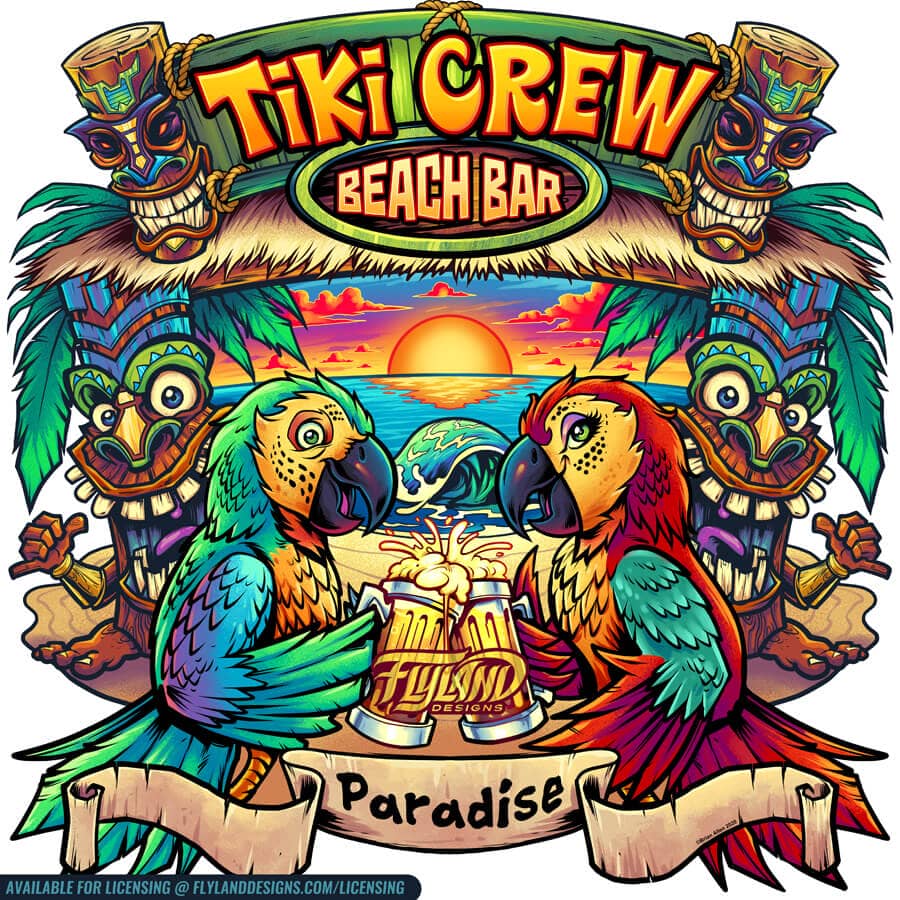 Two parrots at the beach with be