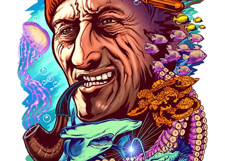 Colorful underwater parody image of Jacques Cousteau