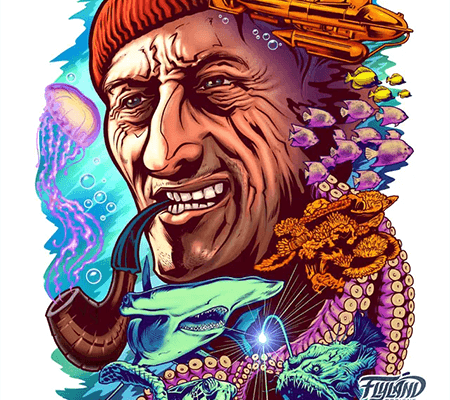 Colorful underwater parody image of Jacques Cousteau