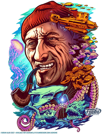 Colorful underwater parody image of Jacques Cousteau