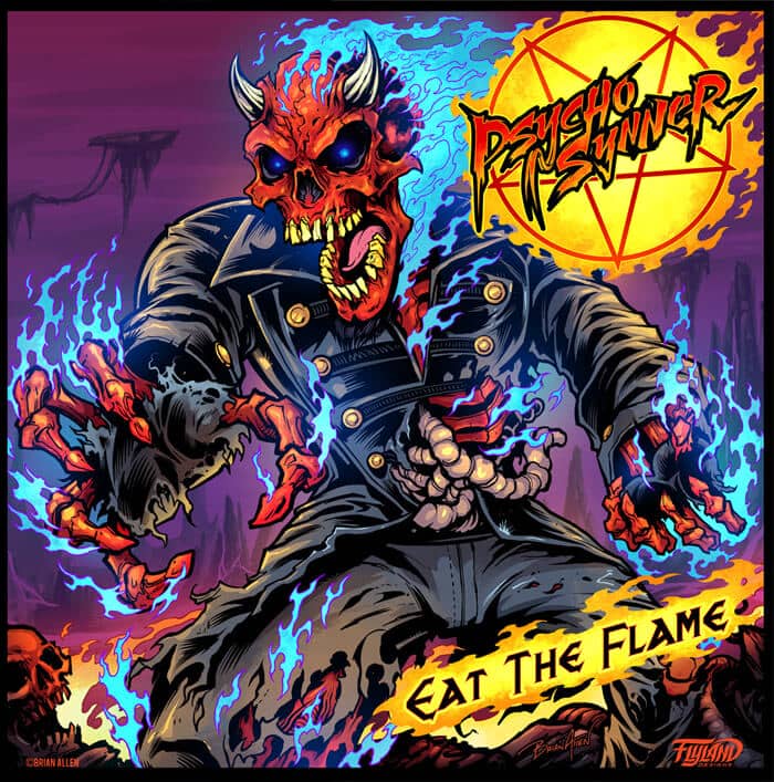 An album cover that I designed for Psycho Sinner’s album, Eat the Flame of a red devil skeleton in black leather attire while burning in Hell.