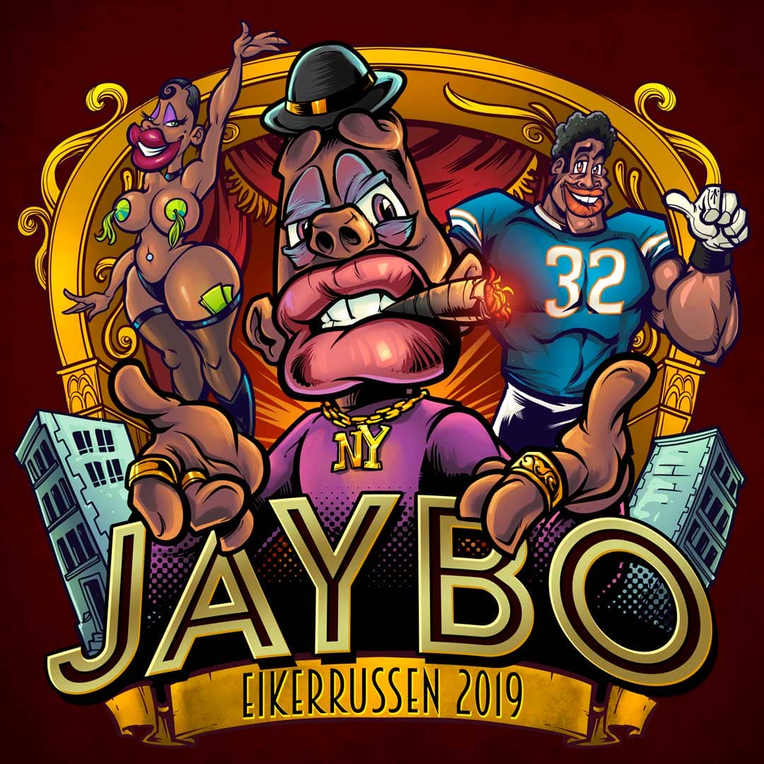 Jaybo character stands in front