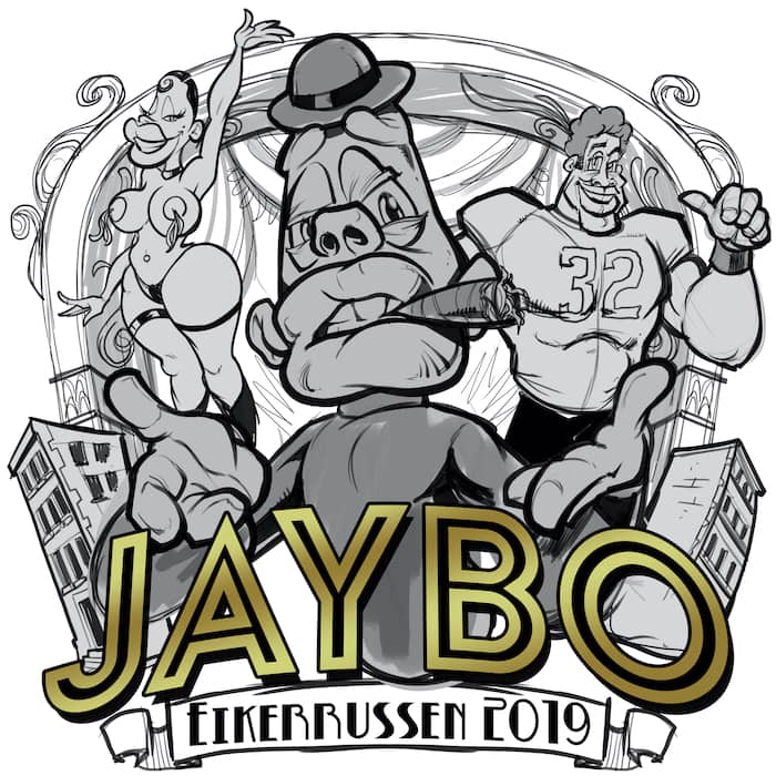 Jaybo character stands in front