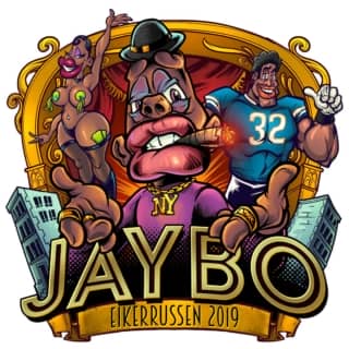 Jaybo character stands in front