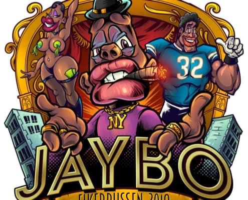 Jaybo character stands in front