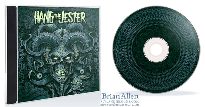 A head with glowing light green eyes and splintered teeth with many sets of winding horns coming out of the top. Like a menacing jester, it has a creepy smile and has a small shrunken head next to it. Text above reads "Hang the Jester" Printed on a CD jacket and CD
Artwork by Brian Allen, Flyland Designs