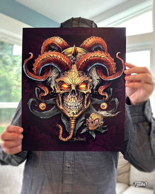 A head with glowing light green eyes and splintered teeth with many sets of winding horns coming out of the top. Like a menacing jester, it has a creepy smile and has a small shrunken head next to it. Printed on a poster.
Artwork by Brian Allen, Flyland Designs