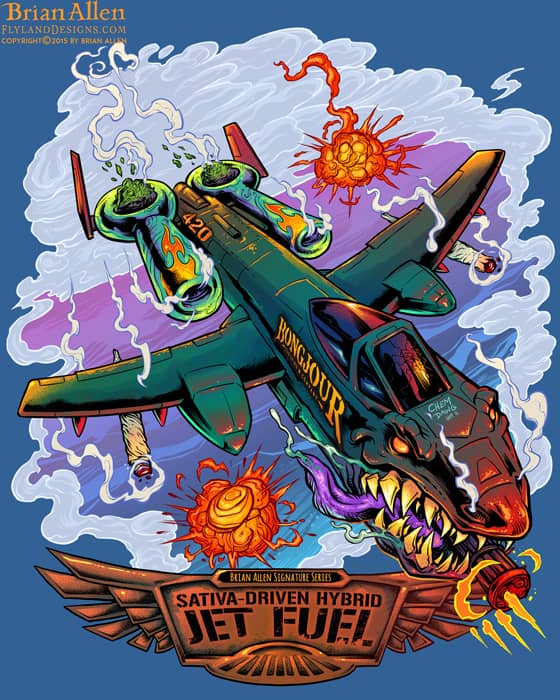 T-Shirt of a A-10 Thunderbolt warplane in a dogfight for Jet Fuel marijuana strain