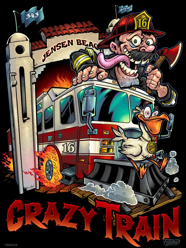 Martin County Fire Department character T-shirt designs of a firefighter man with an axe and hat poking out through the emblem, and a crazy train firetruck with a pelican on the front as well as flaming tires with a firefighter on the truck. 