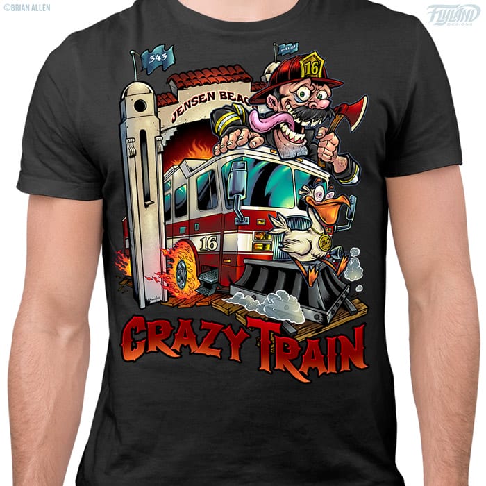 Martin County Fire Department character T-shirt designs of a firefighter man with an axe and hat poking out through the emblem, and a crazy train firetruck with a pelican on the front as well as flaming tires with a firefighter on the truck. 