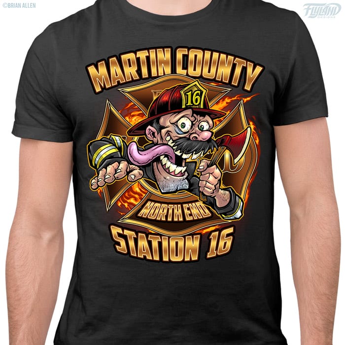 Martin County Fire Department character T-shirt designs of a firefighter man with an axe and hat poking out through the emblem, and a crazy train firetruck with a pelican on the front as well as flaming tires with a firefighter on the truck. 