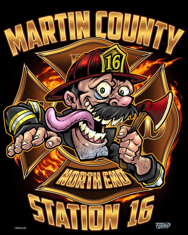 Martin County Fire Department character T-shirt designs of a firefighter man with an axe and hat poking out through the emblem, and a crazy train firetruck with a pelican on the front as well as flaming tires with a firefighter on the truck. 