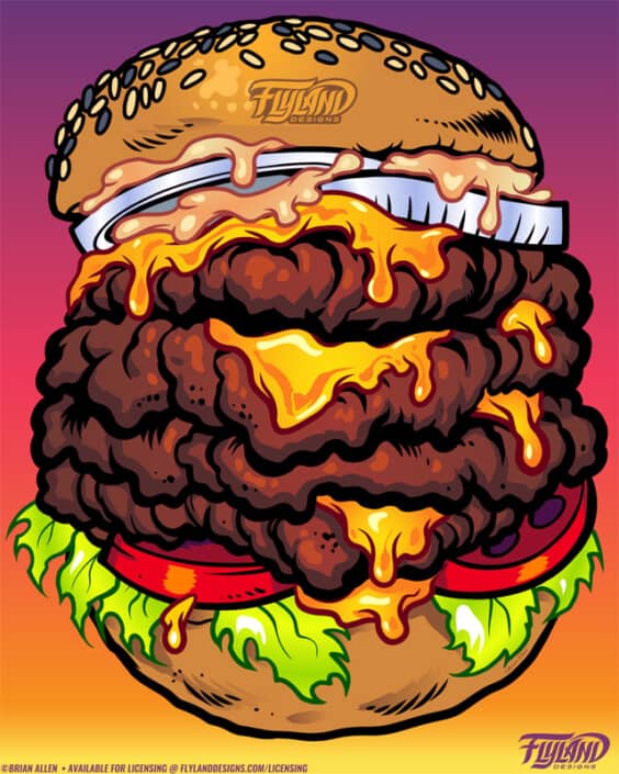 A juicy cheeseburger sits on top of a bed of fries, illustration by Brian Allen