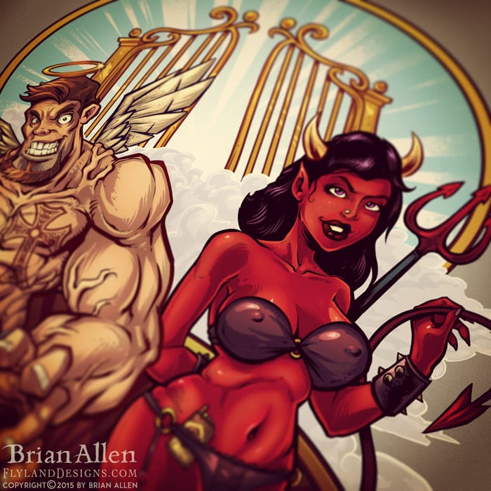 Logo illustration of a muscular cartoon angel, and a sexy devil.