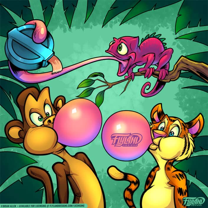 A monkey and tiger chew bubblegum while a chameleon holds the roll, illustration by Brian Allen