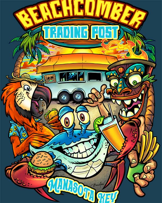 A blue crab holding a tropical drink in one hand and a burger in the other. One his left is a red parrot wearing a Hawaiian shirt and a straw hat. On his right is a tiki man holding a cup of French fries. Behind them all is a blue food truck and a beach sunset scene. Text reads "Beachcomber Trading Post Manasota Key"
Artwork by Brian Allen, Flyland Designs