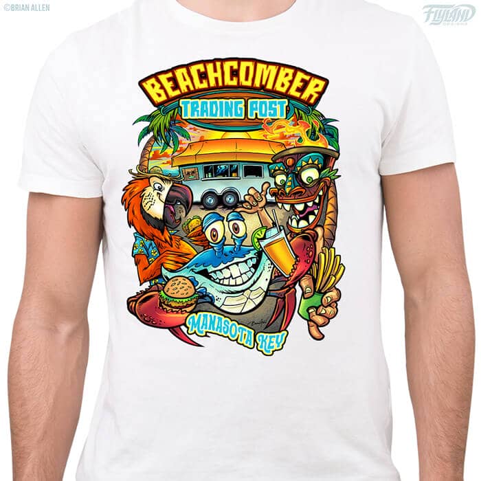 A blue crab holding a tropical drink in one hand and a burger in the other. One his left is a red parrot wearing a Hawaiian shirt and a straw hat. On his right is a tiki man holding a cup of French fries. Behind them all is a blue food truck and a beach sunset scene. Text reads "Beachcomber Trading Post Manasota Key" printed on a white t-shirt
Artwork by Brian Allen, Flyland Designs