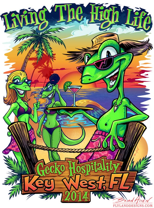 T-Shirt illustration of gecko cartoon characters on the beach