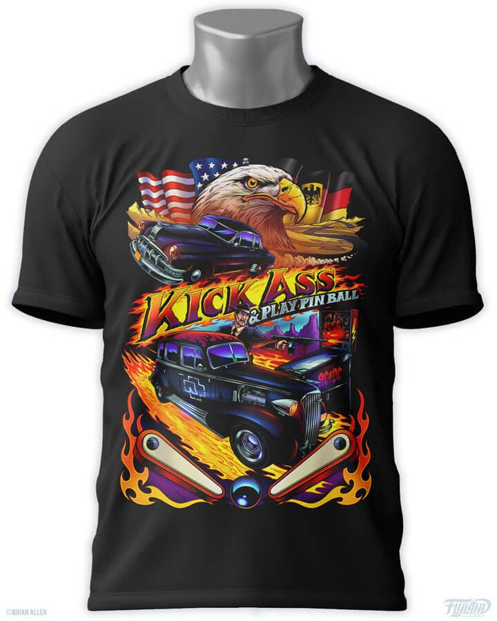Pinball t-shirt design featuring an eagle, cars, an ACDC pinball machine, and more, drawn by artist Brian Allen