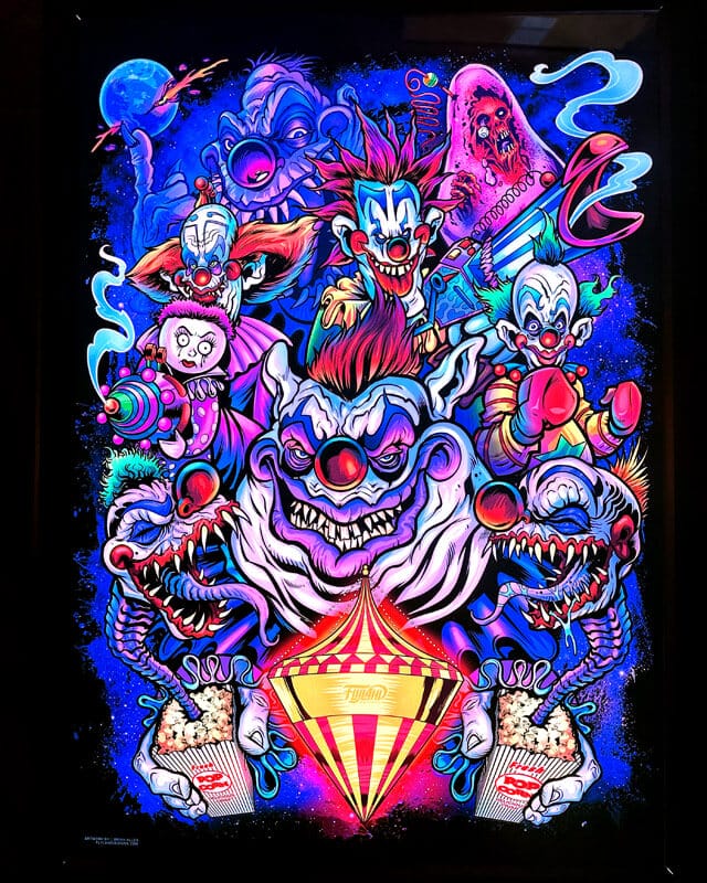 My Custom Illustration of  the Killer Klowns haracters  from the cult classic movie is  all bright and colorful lit up in the new  LED Voodoo Frames