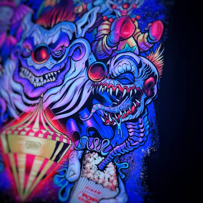 My Custom Illustration of  the Killer Klowns haracters  from the cult classic movie is  all bright and colorful lit up in the new  LED Voodoo Frames