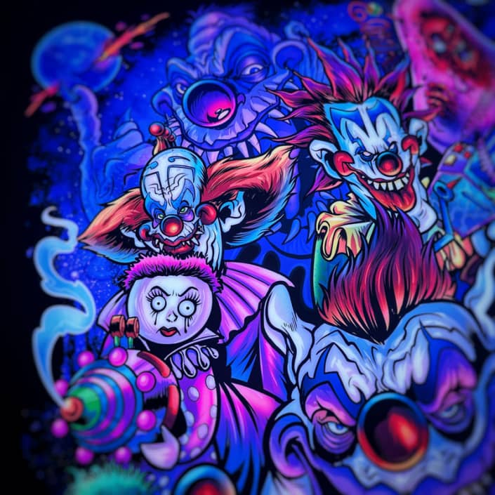 My Custom Illustration of  the Killer Klowns haracters  from the cult classic movie is  all bright and colorful lit up in the new  LED Voodoo Frames