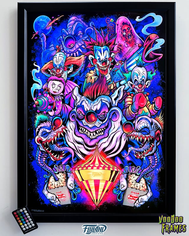 My Custom Illustration of  the Killer Klowns haracters  from the cult classic movie is  all bright and colorful lit up in the new  LED Voodoo Frames