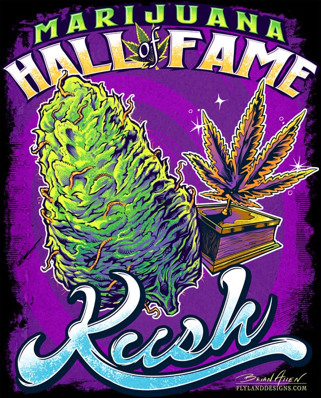 T-Shirt illustration of a Kush marijuana bud and trophy