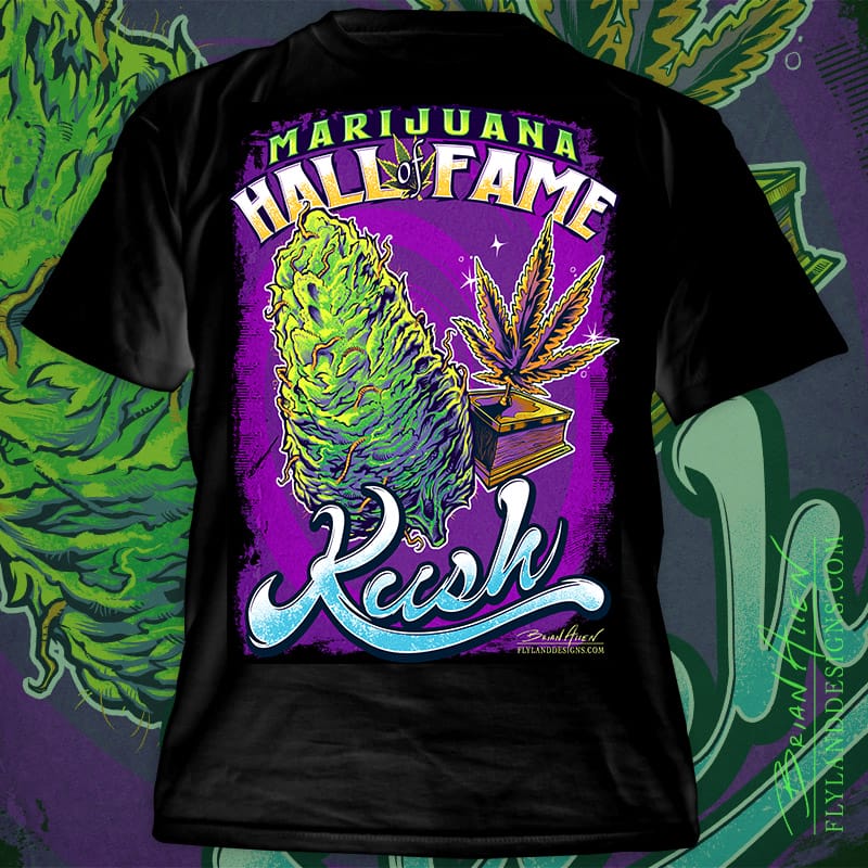 T-Shirt illustration of a Kush marijuana bud and trophy