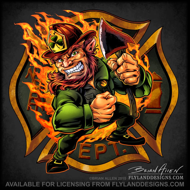 Fire-fighter Leprechaun with an axe standing on a Maltese Cross for T-Shirts for St. Patrick's Day