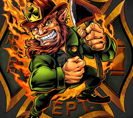 Leprechaun firefighter with an axe surrounded by fire