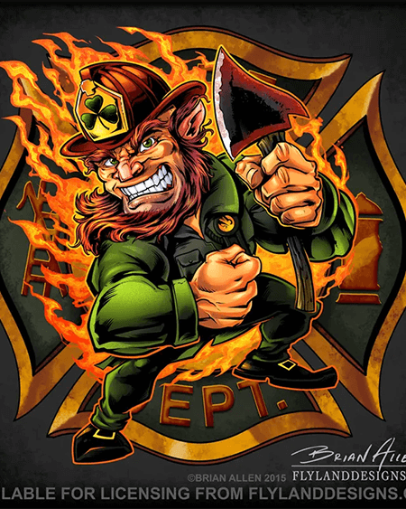 Leprechaun firefighter with an axe surrounded by fire