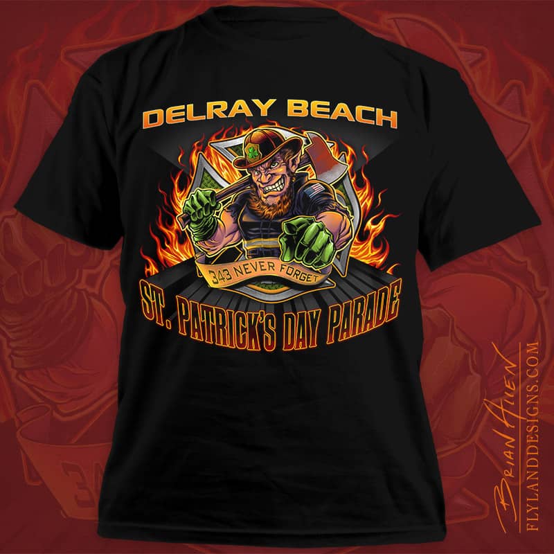 Custom t-shirt illustration of a fire-fighter leprechaun on a maltese cross