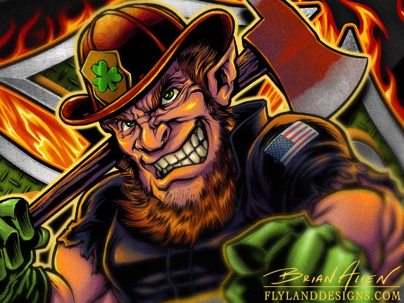 Custom t-shirt illustration of a fire-fighter leprechaun on a maltese cross