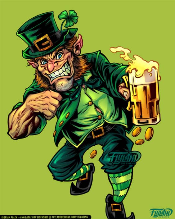 An angry leprechaun in green holds a beer and drop gold coins. Illustration by Brian Allen