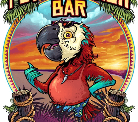 Parrot on the beach, beach bar t-shirt template