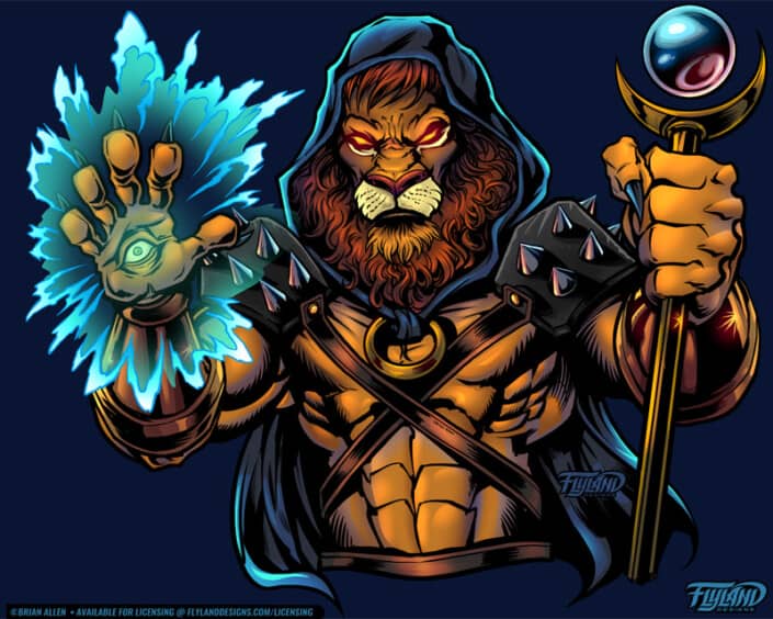 A lion warrior wearing a hood and holding a staff uses magic, illustration by Brian Allen