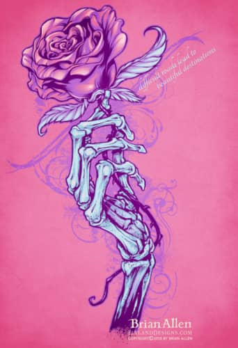 Skeleton hand holding rose silk-screen