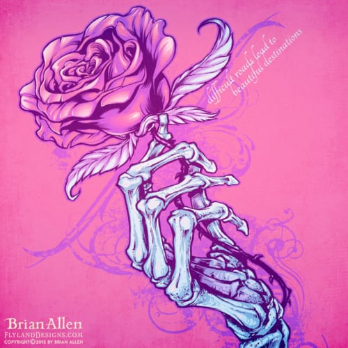 Skeleton hand holding rose silk-screen