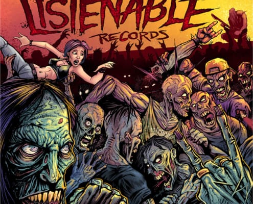 Album cover I illustrated for a new promotional album for Listenable Records.  My client came up with the idea of having a moshpit of metal zombies rocking out.  I thought it would be funny to put a frightened goth chick crowd-surfing to her doom.