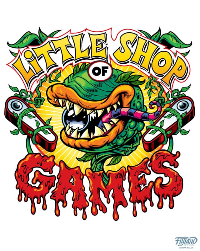 A logo design that I created for Little Shop of Games featuring a killer plant and pin ball flippers.