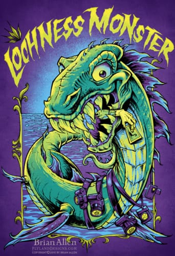 Silk-screen poster illustration of a happy Loch Ness Monster smiling with cameras around his neck.