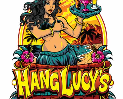 Hang Lucy’s, a large tiki bar in Grand Bend, Canada, hired me to create a series of murals, t-shirts, and logo designs for them. The murals and t-shirts featured loads of mermaids, Poseidon, tiki totems, flying sea turtles, and surfing parrots. For the l