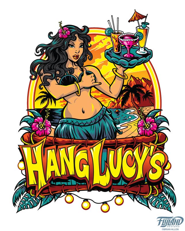 Hang Lucy’s, a large tiki bar in Grand Bend, Canada, hired me to create a series of murals, t-shirts, and logo designs for them. The murals and t-shirts featured loads of mermaids, Poseidon, tiki totems, flying sea turtles, and surfing parrots. For the l