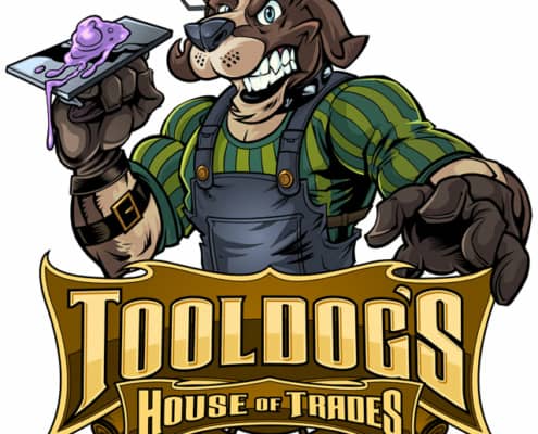 Fun steampunk inspired logo I worked on for a masonry school called ToolDog’s House of Trades. The crew decided on a steampunk theme, and we came up with this tough looking dog holding a giant putty knife. I designed both the character and the logo type