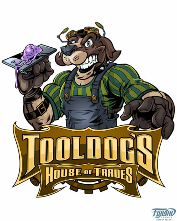 Fun steampunk inspired logo I worked on for a masonry school called ToolDog’s House of Trades. The crew decided on a steampunk theme, and we came up with this tough looking dog holding a giant putty knife. I designed both the character and the logo type