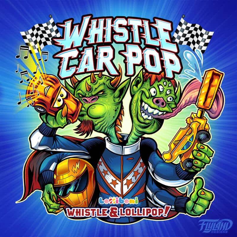 Lolliboni candy packaging design featuring a 2 headed green goblin monster with 4 arms holding the whistle car lollipop, drawn by artist Brian Allen