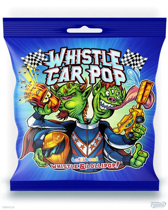 Lolliboni candy packaging design featuring a 2 headed green goblin monster with 4 arms holding the whistle car lollipop, drawn by artist Brian Allen